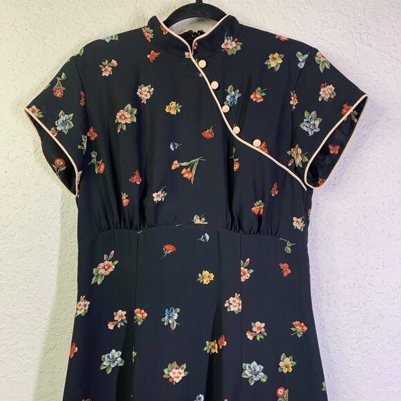 DW3 DAVID WARREN Dress‎ 8 Vintage Mandarin Floral Back Slit Cream Piping Lined - Picture 5 of 14